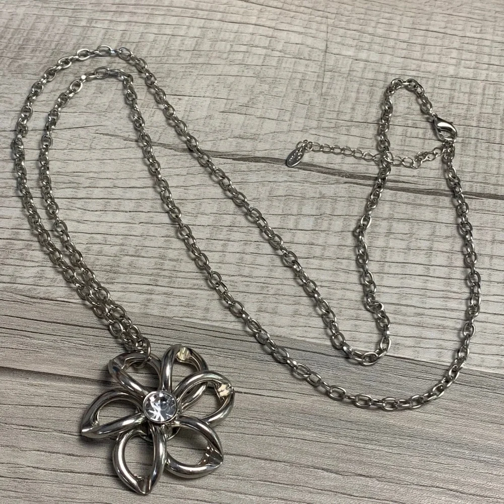 Silver Tone Long Flower Pendant Necklace Rhinestone Accent 36 Inch Chain